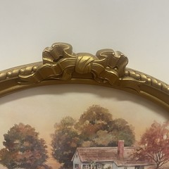Vintage Homco Fan Shape Gold Bow Framed Picture Autumn Harvest Cottage