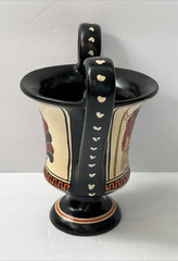 Vintage Greek Double Handled Terracotta Kantharos Vase Signed 5″H Hand Painted