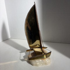 Vintage Mid Century Modern Brutalist Brass Trimaran Pontoon Sailboat Sculpture