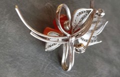 Silver Filigree Leaf Brooch with Red & Orange Accents Elegant Jewelry