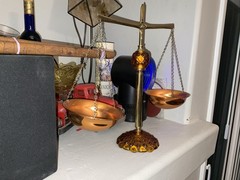 VINTAGE AMBER GLASS COPPER & BRASS ” SCALES OF JUSTICE” MID CENTURY RETRO
