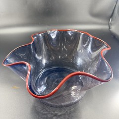 Boatman Studio Art Glass Hand Blown Bowl Dish Crackle Blue Glass Red Edges VTG