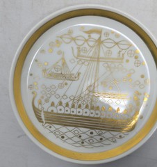 2 Vtg Porcelain Porsgrund Norway Viking Ships 4″ Mini Plate Trinket Dish Coaster