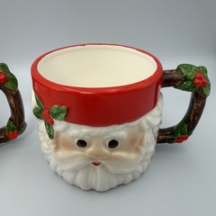 Set 2 Fitz And Floyd Classic Santa Christmas Mugs Vtg Holly & Branch Handle 1979