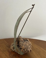 Copper Metal Green Sailboat Art Figurine Sculpture Wood Base Beach Coastal 10”