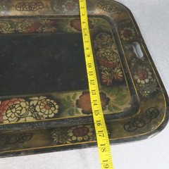 Antique Toleware Pair of Metal Trays Black Hand Painted Floral Stenciled 24″x18″