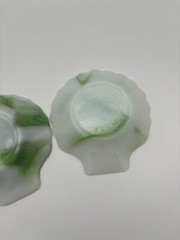 2 Akro Agate Clam Shell Green & Opaque White Swirl Glass Trinket Dish Ashtray