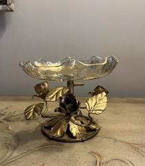 VTG Italy Gold Gilt Tole Metal Leaves/Roses Glass Candy Dish-Compote-Hollywood!