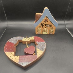 Lot Of 2 Cottagecore Farmhouse Wooden “Home” Handmade Wall Decor Patchwork Heart