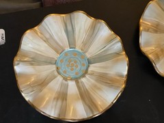 (4pc) Rare Mackenzie Childs Parchment Check Ceramic Fluted Saucers W/ Gold Dots