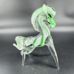 Hand Blown Art Glass Horse Figurine Paperweight Hand Made Glass Green White VTG