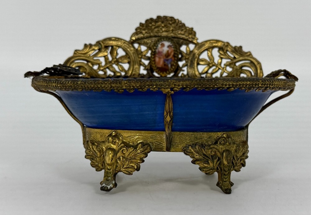VTG La Chateau Porcelain Trinket Dish Metal Bronze Mount Victorian Scene