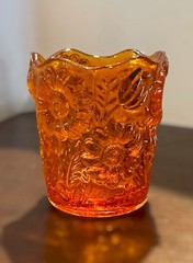 VTG Amberina Orange Daisy Tulip Glass Votive Toothpick Holder 2 1/2 Floral Glows