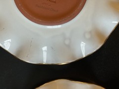 (4pc) Rare Mackenzie Childs Parchment Check Ceramic Fluted Saucers W/ Gold Dots