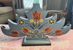 Vintage Norwegian Nordic Blue Rosemaling Wood Candle Holder Candelabra Folk Art