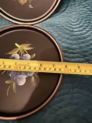 Vintage Hand painted Toleware On Metal -4 Pieces W Gorgeous Fruit & A Pink Rose