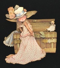Holly Hobbie 1969 layered art playing dress up 8 X 9.5 unframed on black velvet