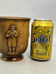 Vintage Carved Wooden Folk Art Cup Vase Vessel 3 Carved Wood Figures SIGNED 4.8″