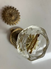 Miniature Dish Vintage Art Nouveau Deco Cut Crystal Glass, Brass & Tweezers 3.1″