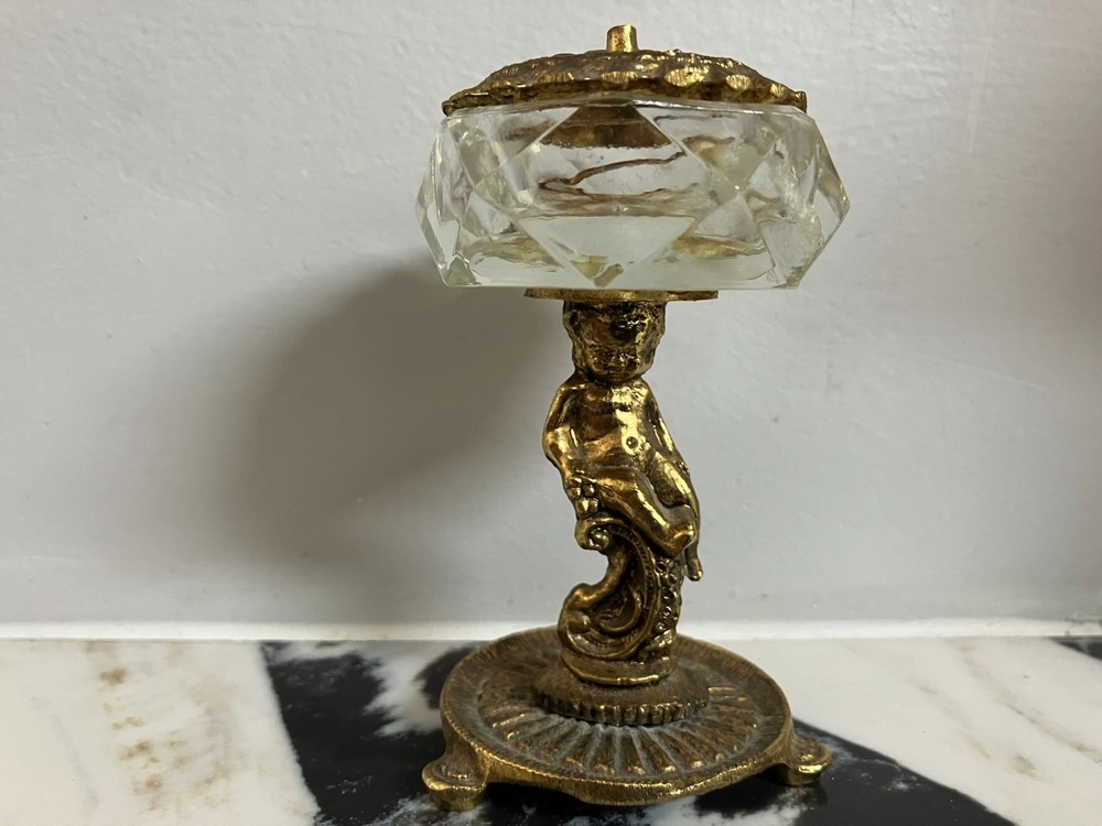 Miniature Dish Vintage Art Nouveau Deco Cut Crystal Glass, Brass & Tweezers 3.1″