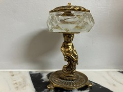 Miniature Dish Vintage Art Nouveau Deco Cut Crystal Glass, Brass & Tweezers 3.1″