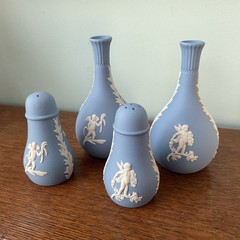Wedgwood Blue Jasperware Four Seasons Cherubs Salt & Pepper AND Pair Bud Vases