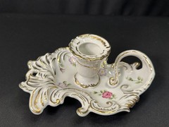 Exquisite Vintage Handled Candlestick Holder Heavy Gilt Trim Reticulated China