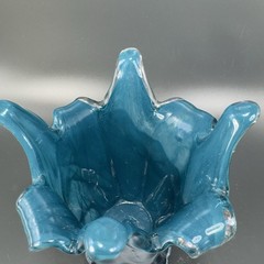 1980s Art Glass Abstract Vase Bowl Centerpiece Teal Blue Iridescent Finish Glass