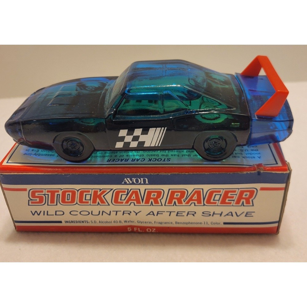 VTG Avon Stock Race Car Decanter 90% Collectible vanity Blue Glass Bottle w/ Box
