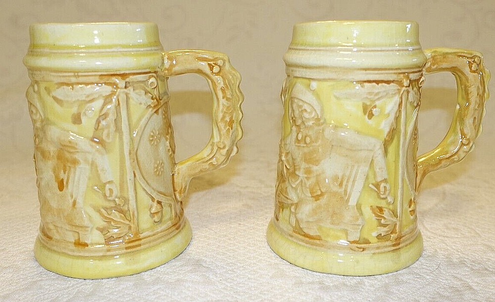 Occupied Japan Vintage Yellow Ceramic Stein Beer Mug 5” Tall Bar Motif Raised- 2