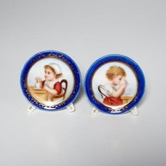 Miniature Portrait Paintings 2 Blue Plate of Children Drinking Tea Eating Cookie