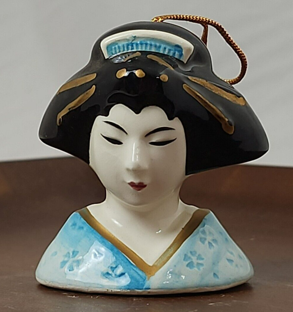 Vintage Unbranded Ceramic Hanging Incense Geisha Girl Bust in Blue Kimono