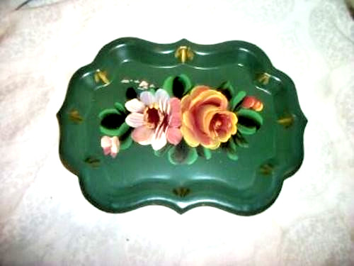 Cottagecore HP Roses Tole Tip Tray Chippendale Green 1950s Petite