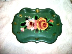 Cottagecore HP Roses Tole Tip Tray Chippendale Green 1950s Petite
