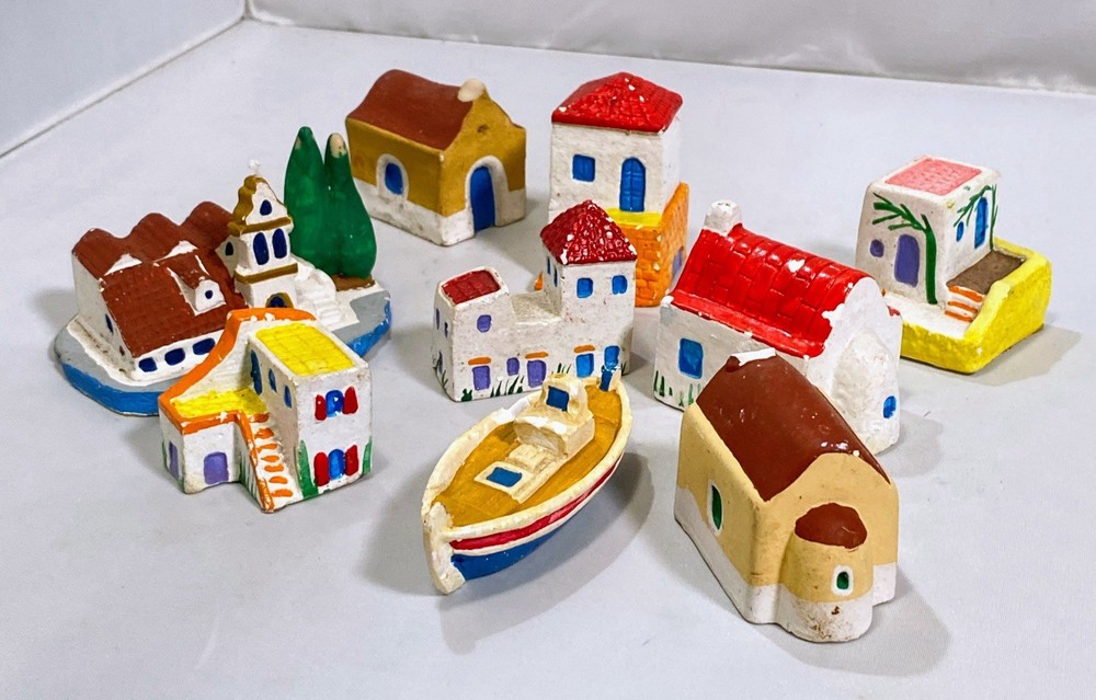 Ceramic Mini Greek Village (8) Houses Church Boat Handmade Hand-Painted