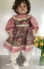 Vintage 28″ Porcelain Toddler Doll Brown Hair Eyes Pink Dress Floral Pinafore