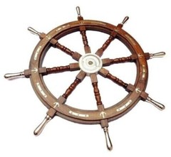 Solid Handmade 36″ Wheel Wooden Large Captain’s Ship w/ Brass Handle Wall Décor