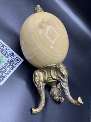 Set Of 2 Alabaster Egg on Three Legged Brass Stand with Elephants HEAVY!!