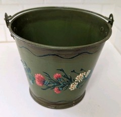 Vintage 1980 Green Toleware Metal Bucket With Hand Painted Flowers Signed
