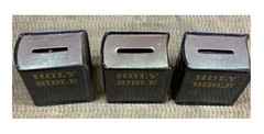 VINTAGE 3 SMALL HOLY BIBLE PRODUCERS BANK ALL WITH BOTTOM PLUGS MADE IN JAPAN