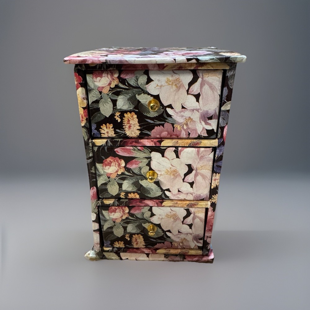 Vintage 1990s Floral Decoupage Covered 3 Drawer Jewelry Trinket Box