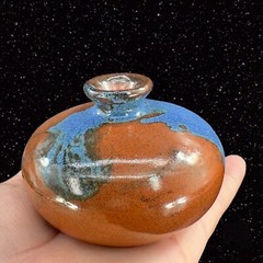 Vintage Hand Trown Art Pottery Bud Vase Signed Hand Made Ceramic Blue Red Drip