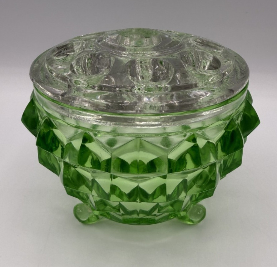 Vintage Green Uranium Glass Diamond Point Footed Dish w Clear Flower Frog Insert