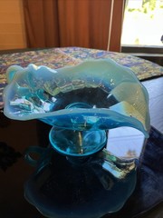Antique 7” Dugan Glass Blue Opalescent Rayed Jane Footed Nappy Dish