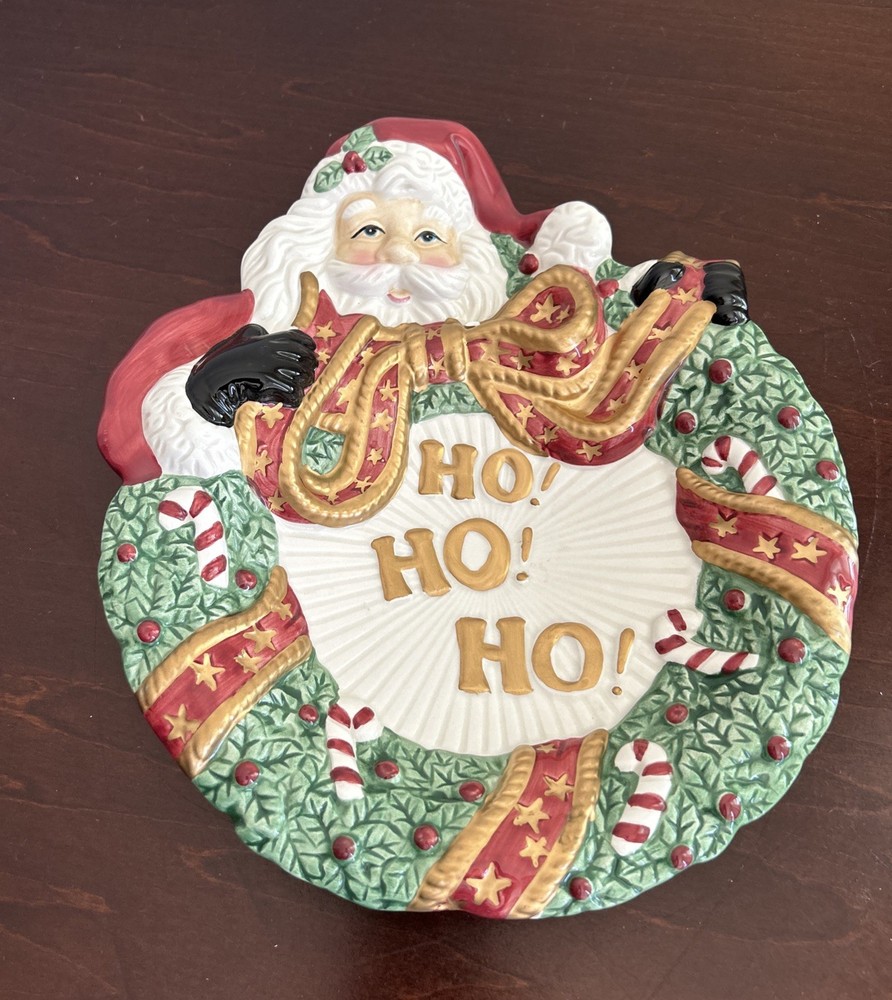 Fitz & Floyd SANTA WREATH Ho Ho Ho Canape Ceramic Serving Plate New In box Vtg