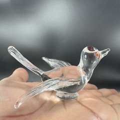 Hand Blown Art Glass Clear Bird Figurine Delicate With Red Orange Eyes Hand Made