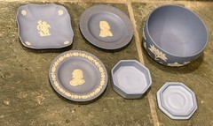 Wedgwood Blue Jasperware Lot 5pc Bowl Trinket Box Tray Plate Set Vintage Relief