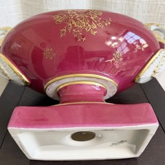 French Limoges Hand Painted Porcelain Pedestal Compote Bowl Red Floral Gilt