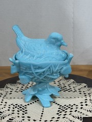 Westmoreland Robin Bird Dove on Nest Footed Bowl Dish & Lid Blue Milk Glass