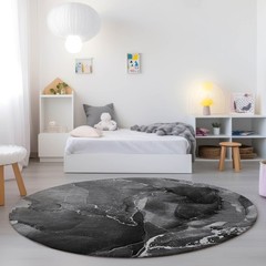 8′ Round Black Gray and White Round Abstract Washable Non Skid Rug